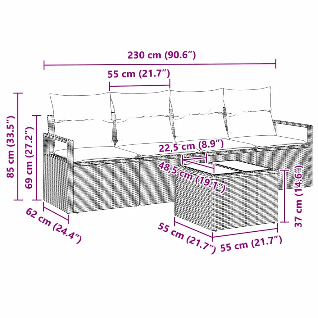 Garten-Sofa-Set mit Kissen 5 pcs Beige und Grau 55 x 55 x 37 cm